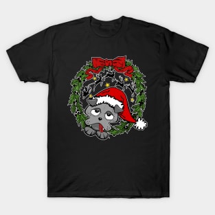 Santa Hat Dog Christmas Holly Wreath T-Shirt